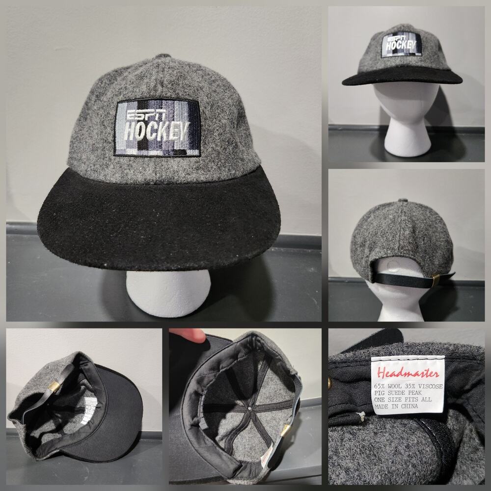 VTG ESPN Hockey Mens Adjustable Strapback NHL Wool‎ Suede Leather Brim Hat Cap